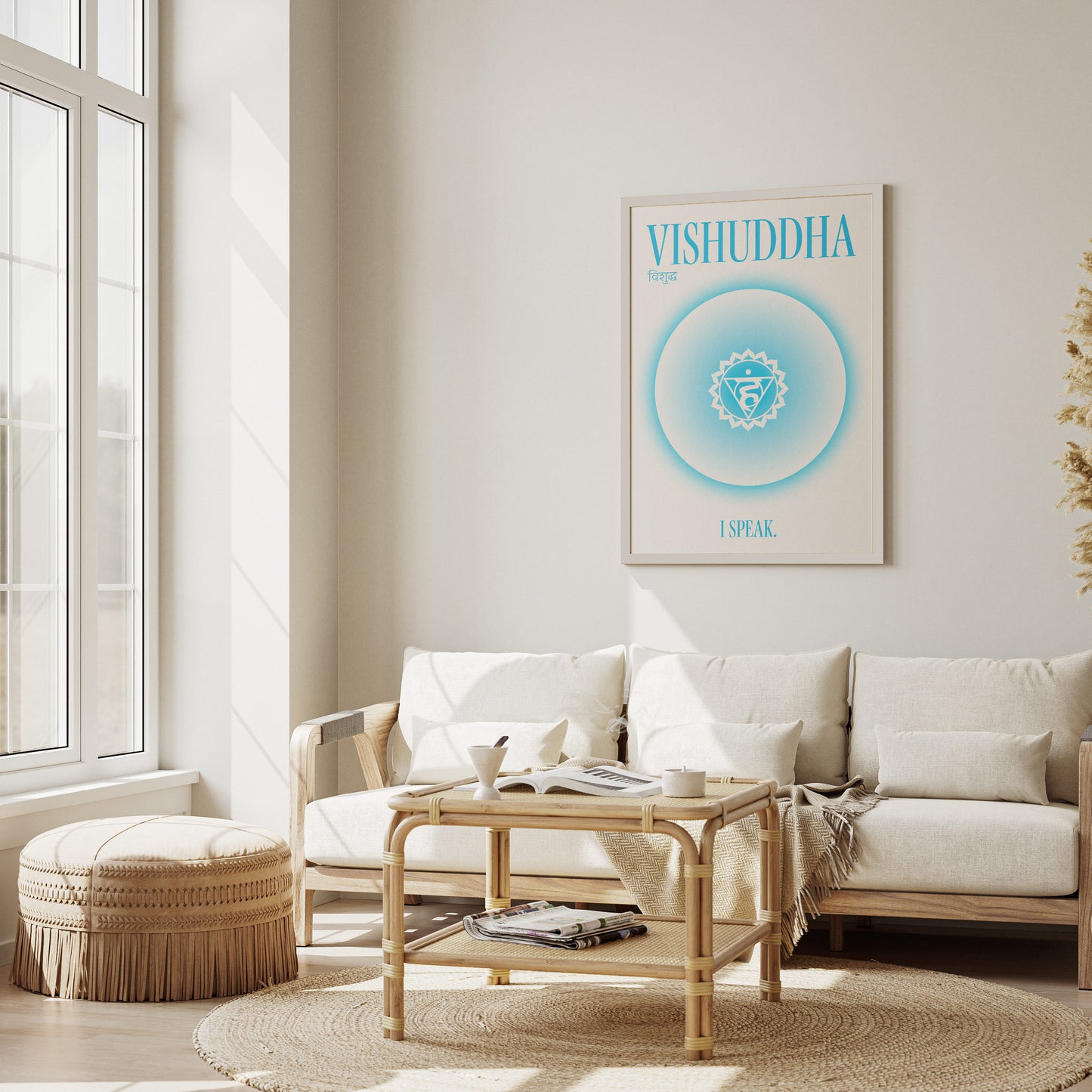 poster spiritualité ésotérique mystraal représentant le chakra de la gorge vishuddha écrit en sanskrit avec une aura bleu minimaliste s'adapte à tous les intérieurs parfait pour la méditation l'ancraga affiche murale zen